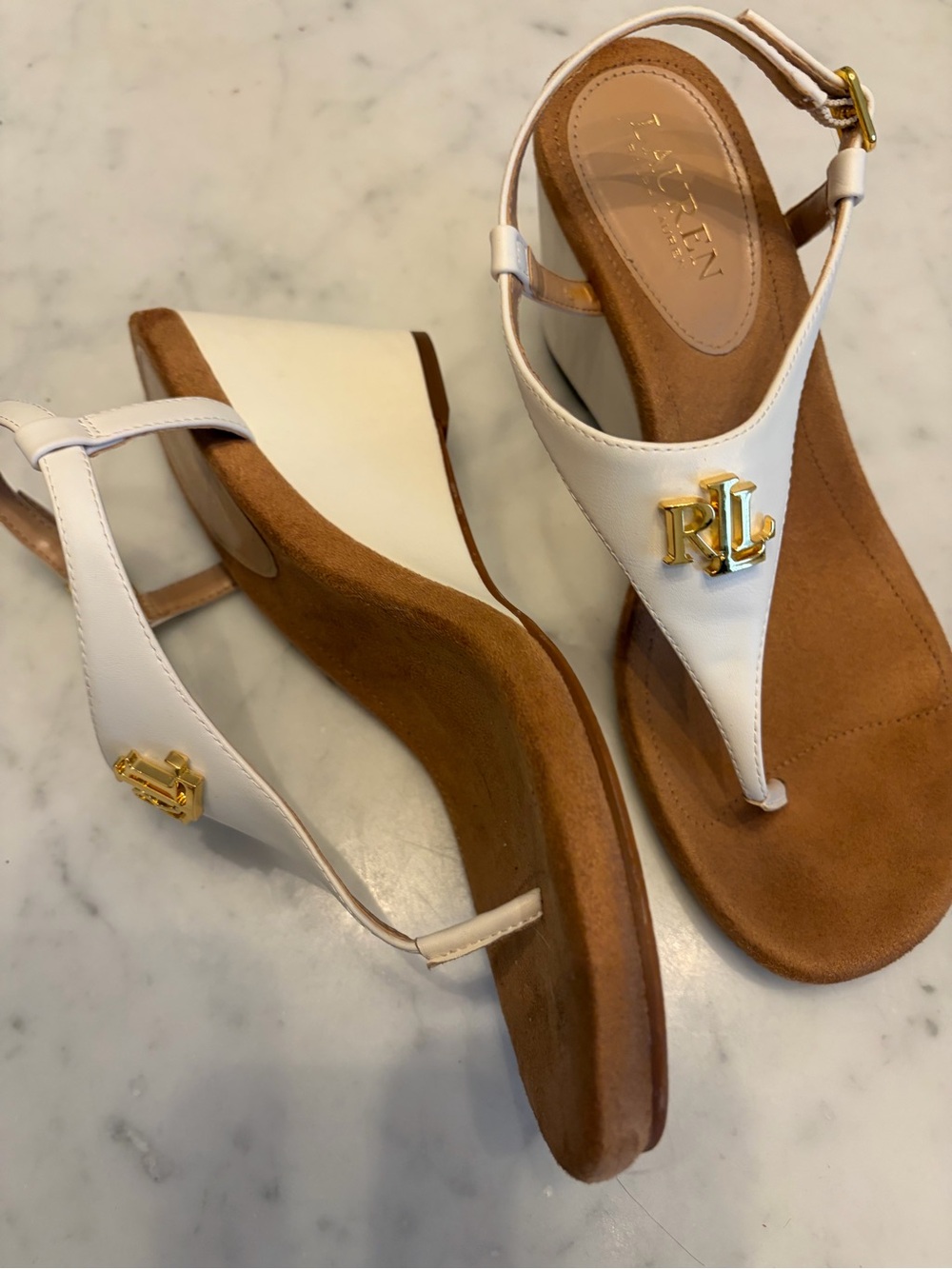 Ralph Lauren NEW Jeannie White Wedge Sandals T-Strap Thong Logo Sz 8.5 Resort - Picture 11 of 12